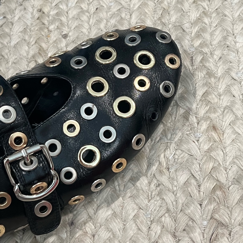 Jeffrey Campbell Black Grommet Mary Jane Flats - Leather Buckle Velcro Strap - Picture 4 of 6